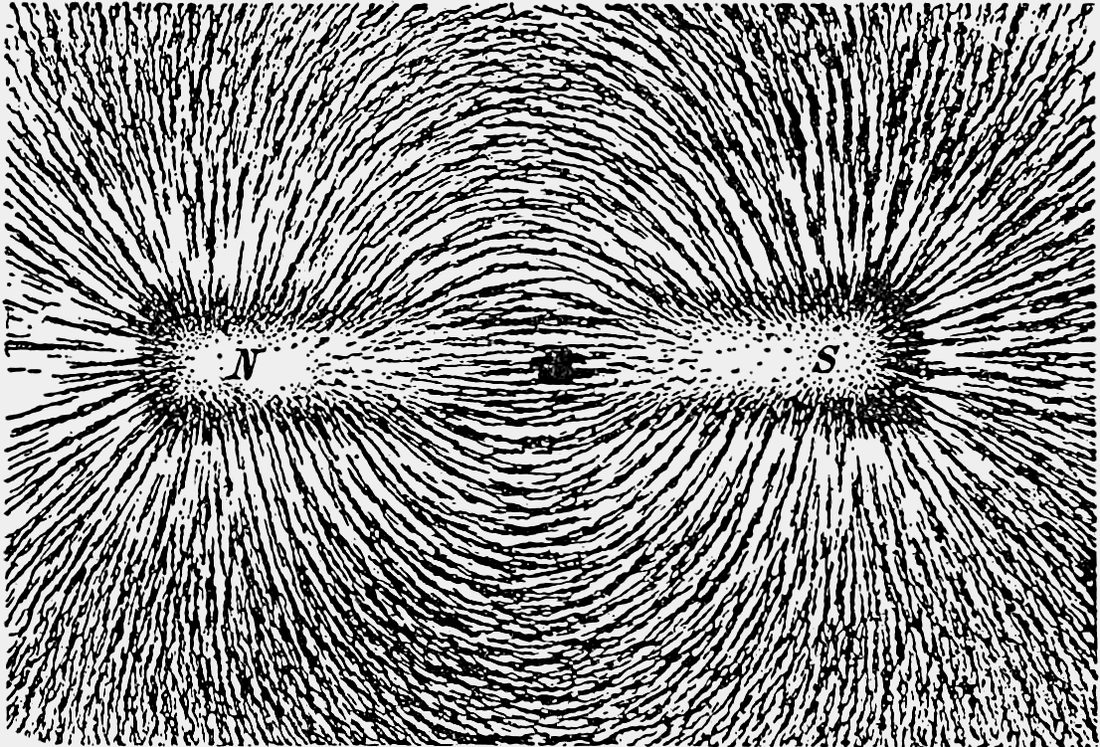 Iron filings scattered around a bar magnet arranging themselves into curved lines running from one pole to the other.