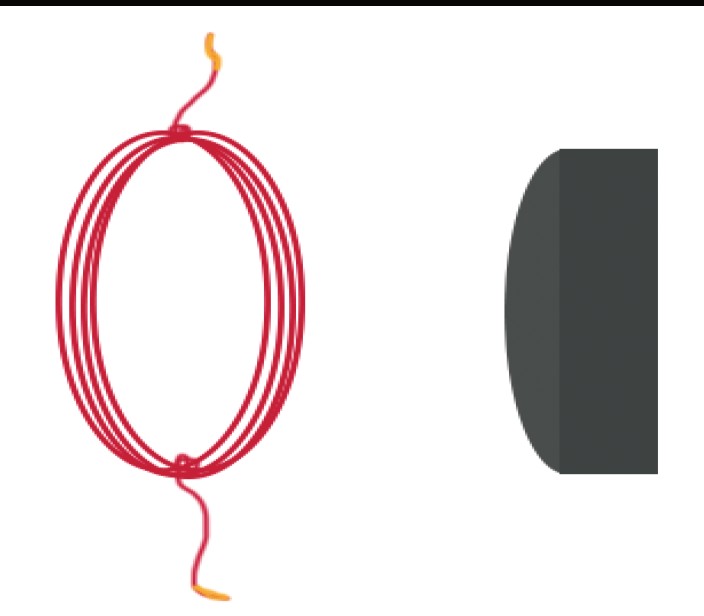 OpenSciEd sketch of a wire coil facing a separate magnet across a gap; the diagram is a template for adding the two interaction-force arrows.