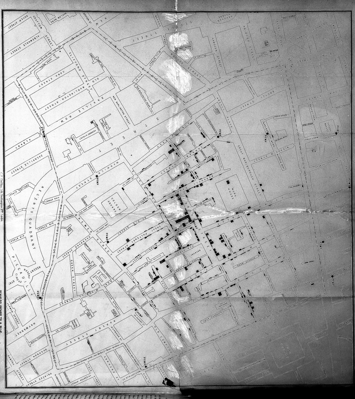 An 1854 street map of Soho with short black bars marking each cholera death, clustering densely around one point and thinning with distance.