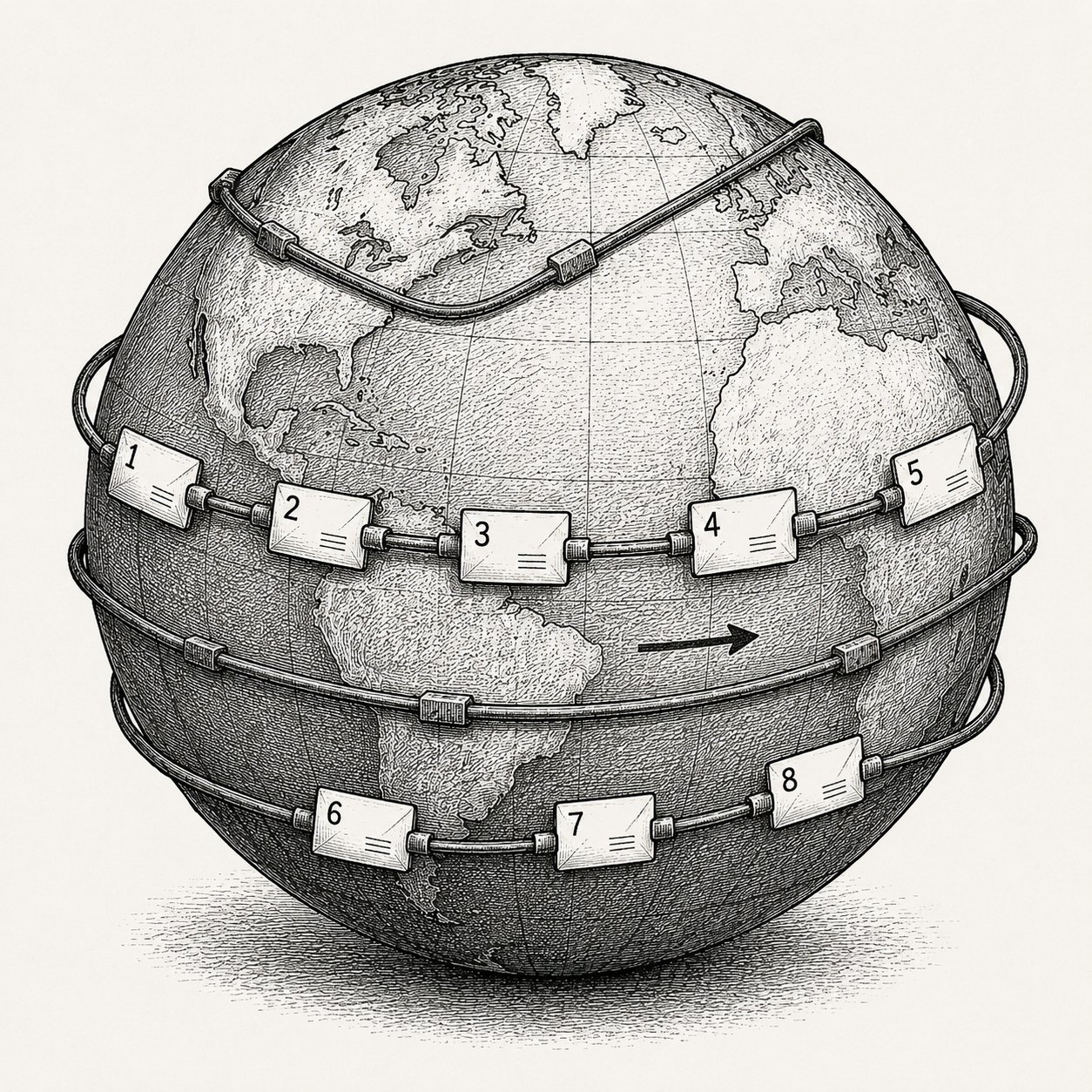 A video, chopped into numbered packets, travels around the planet on its own.